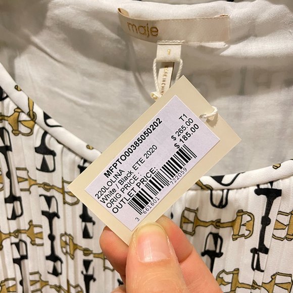 NWT Maje WHITE/BLACK Pleated Tunic With Preppy Print SZ 2 - Picture 9 of 9